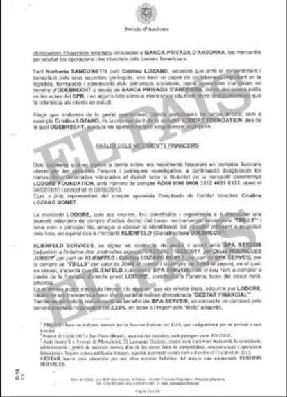 Informe da Polícia de Andorra que comenta a fraudulenta operação de aquisição da Quattor