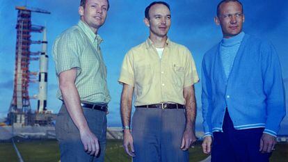 Neil Armstrong, Michael Collins e Buzz Aldrin posam no Centro Espacial Kennedy, na Flórida, em 1969.