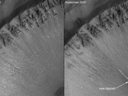 A comparação das imagens da esquerda e da direita, registradas há mais de uma década pela sonda ‘Mars Global Surveyor’, já sugeriam que a água flui sobre Marte.