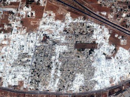 Um dos bairros demolidos. A zona branca é a parte que ficou arrasada pelas forças de El Asad.