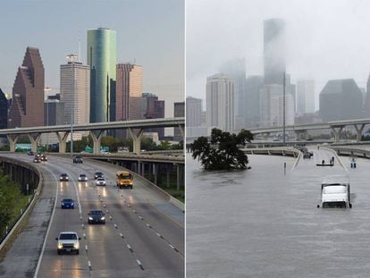 A rodovia 45 de Houston, antes e depois do 'Harvey'