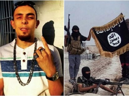 À esquerda, Abdel Bary. À direita, uma foto da célula do Estado Islâmico à qual ele pertencia, segundo os investigadores.