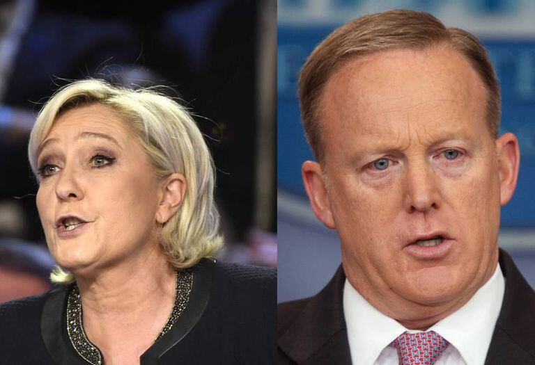 Na imagem, a francesa Marine Le Pen e o norte-americano Sean Spicer.