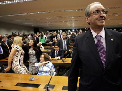 O presidente da Câmara dos Deputados, Eduardo Cunha, durante a reunião do PMDB, nesta terça.