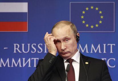 Vladimir Putin ao término da cúpula UE-Rússia, em Bruxelas, em janeiro.