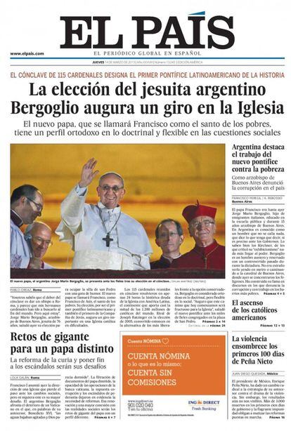 Capa da edição América do EL PAÍS de 14 de março de 2013.