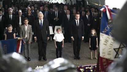Macron e Benjamim Netanyahu, numa cerimônia em homenagem a judeus.