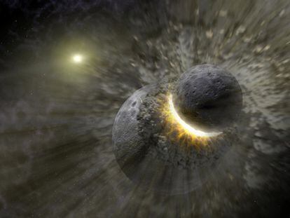Ilustração artística mostrando uma colisão planetária perto da estrela Vega, semelhante à que poderia ter criado a Lua.