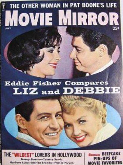 Cartaz de 'Movie Mirror' de 1960 com o triângulo Eddie Fisher, Elizabeth Taylor e Debbie Reynolds. O primeiro e a terceira, casados quase por obrigação a pedido de um estúdio, foram padrinhos de casamento de Taylor. Depois Fisher se envolveu com ela.