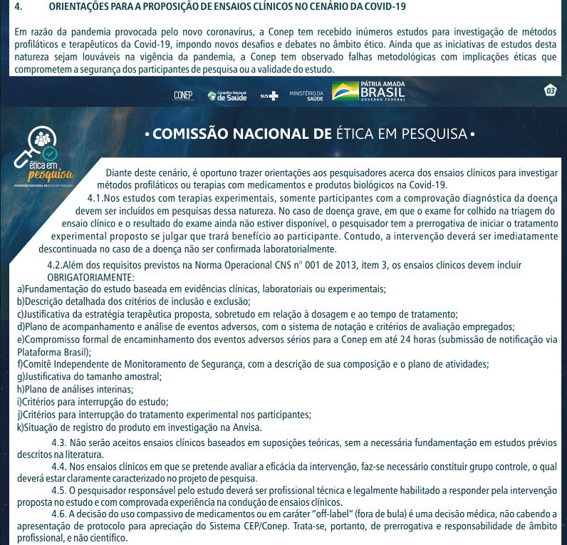 Print do documento da CONEP que Flávio Cadegiani usa para justificar o uso da proxalutamida em sua clínica, no ponto 4.6. No entanto, o título esclarece que o documento se refere apenas a 