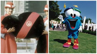 À esquerda, Amik (que significa "castor" em um idioma indígena), a mascote de Montreal, 1976. À direita, Izzy, a mascote dos Jogos Olímpicos de Atlanta, 1996