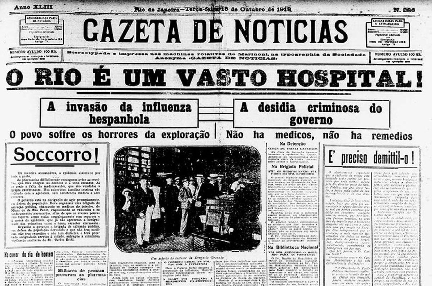 A primeira página da 'Gazeta de Notícias' mostra o caos no Rio de Janeiro dominado pela gripe espanhola (imagem: Biblioteca Nacional)