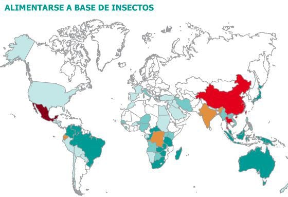 Consumo de insetos pelo mundo (em espanhol). Fonte: FAO. / HEBER LONGAS / EL PAÍS