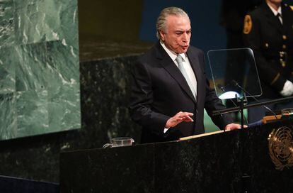 O presidente Michel Temer discursa na ONU.