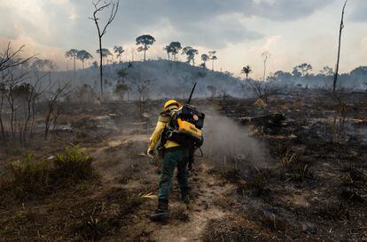 Integrante de uma brigada florestal luta contra o fogo na Amazônia, próximo à cidade de Novo Progresso, na região norte do Brasil. 