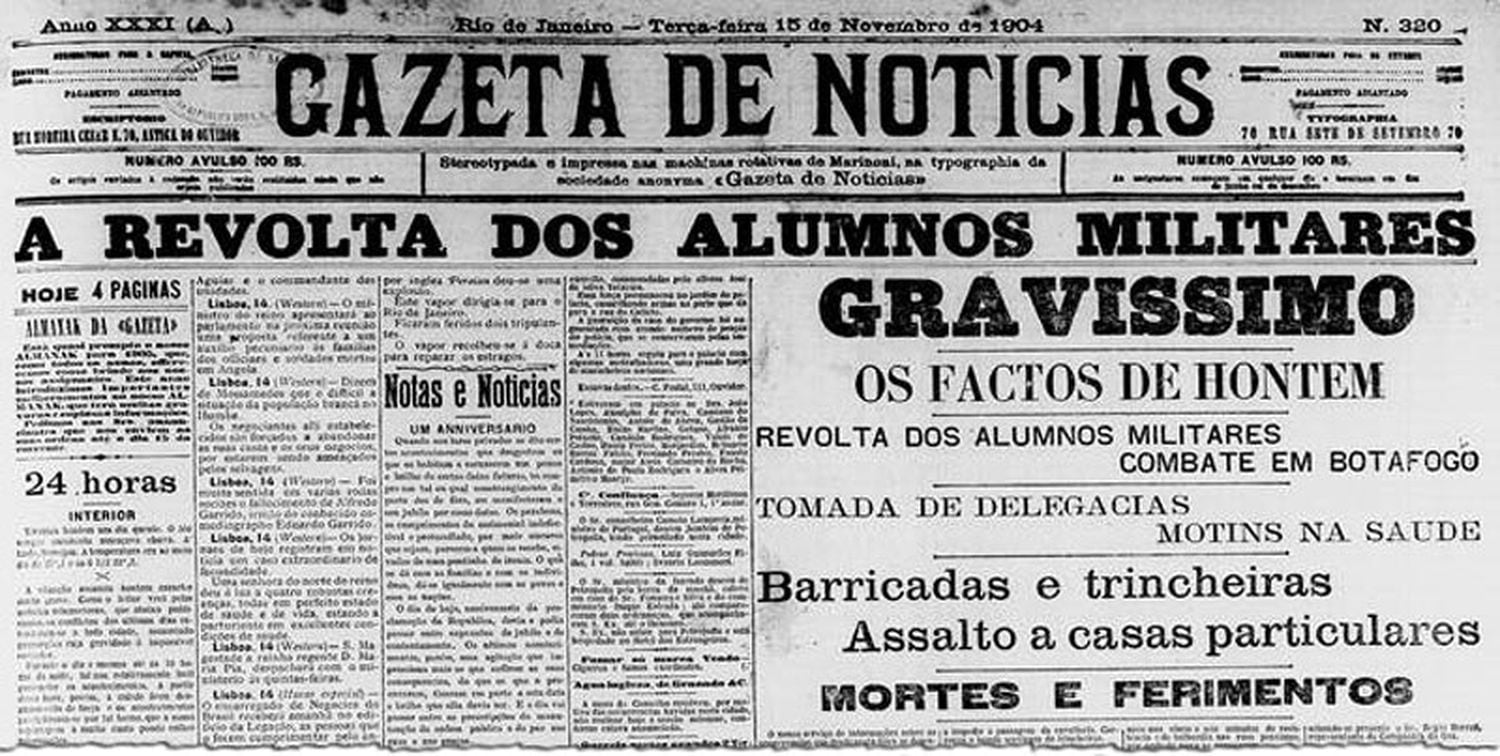 Jornal noticia a Revolta da Vacina e tentativa de golpe militar.