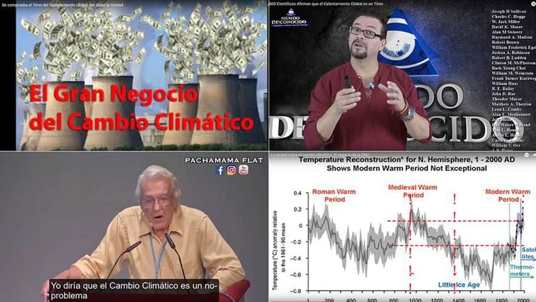 Captura de vídeos do YouTube que negam a mudança climática.