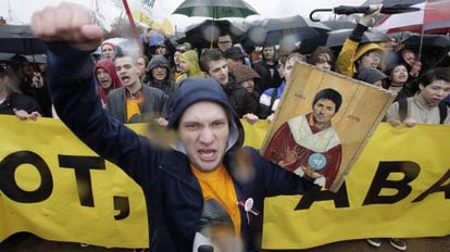 Protestos em São Petersburgo pelo bloqueio do Telegram em meio às manifestações pelo Dia do Trabalho, em 1º de maio