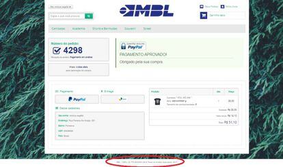 Imagem de uma compra feita na loja online do MBL. No destaque em vermelho, na parte inferior, o CNPJ do MRL.