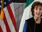 U.S. Ambassador to Mexico Roberta Jacobson speaks during the groundbreaking ceremony for the new U.S. embassy, slated to cost nearly $1 billion, in Mexico City, Tuesday, Feb. 13, 2018. (AP Photo/Rebecca Blackwell)