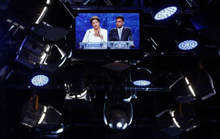 Dilma e Aécio no primeiro debate do segundo turno.