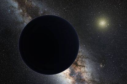 Impressão artística do Planeta Nove com o sistema solar ao fundo à direita.