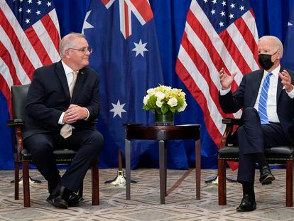 O presidente Biden e o primeiro-ministro australiano. Scott Morrison, em Nova York, na terça-feira.
