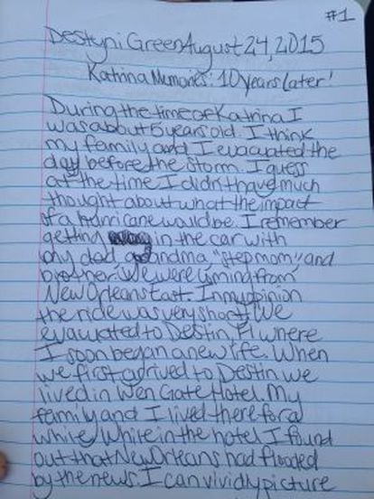 Carta redigida por Destyni Green com suas memórias do furacão.