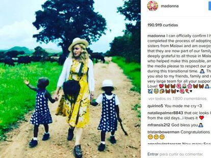 Madonna, na imagem em que oficializa a adoção de duas meninas no Maláui.