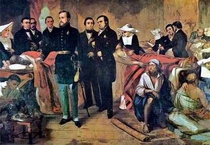 Pintura de François-René Moreau mostra dom Pedro II visitando doentes de cólera em hospital no Rio de Janeiro.