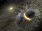 Ilustración artística que muestra una colisión planetaria cerca de la estrella Vega, similar a la que podría haber creado la Luna.