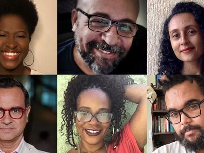 Olympio, o chefe da equipe de roteiristas afro-brasileiros (acima, ao centro) e Cuervo, diretor de VIS Américas (abaixo, à esquerda), com vários dos escritores.