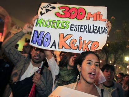 Protesto contra a política Keiko Fujimori, filha do ex-presidente Fujimori, em 2011