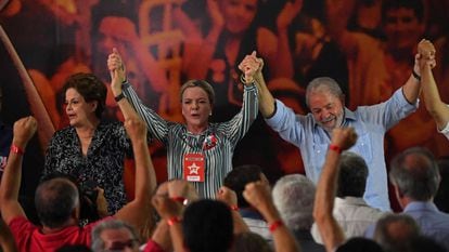 Dilma Rousseff, Gleisi Hoffmann e Lula em evento na CUT.