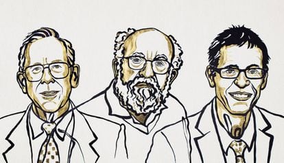 James Peebles, Michel Mayor e Didier Queloz, prêmios Nobel de Física, em um desenho distribuído pela Fundação Nobel.
