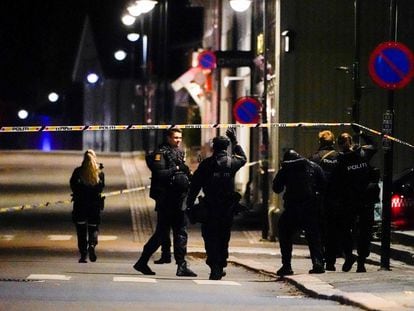Vários policiais cruzam a área isolada para investigar o ataque, nesta quarta-feira, na cidade norueguesa de Kongsberg.