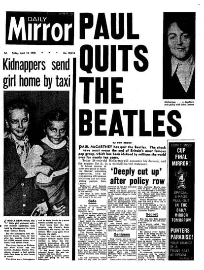 A edição do ‘Daily Mirror’ de 10 de abril de 1970 com a manchete “Paul deixa os Beatles”.
