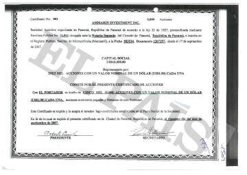 Certificado da sociedade vinculada ao ex-vice-presidente da companhia estatal petroleira do Peru.
