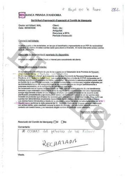 Documento confidencial da Banca Privada d’Andorra (BPA) que rejeita a abertura das contas vinculadas ao ex-governador e ao ex-ministro da Energia de Neuquén, Jorge Sapag e Guillermo Coco, respectivamente