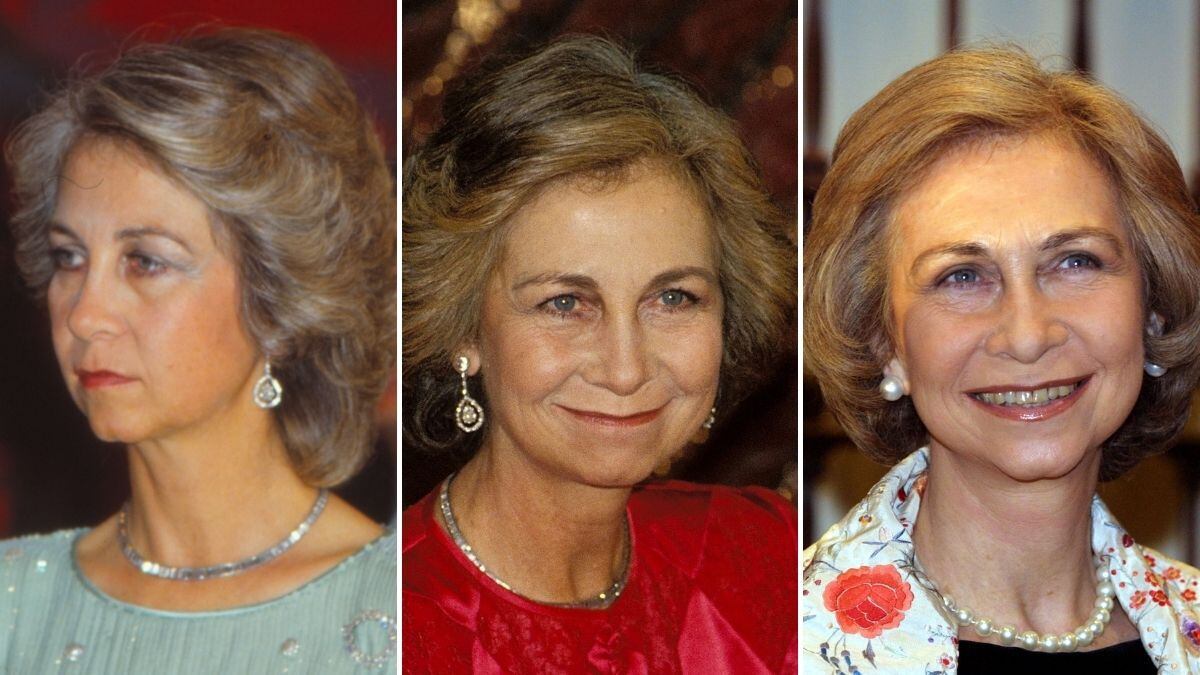Da esquerda para a direita, a rainha Sofía, da Espanha, em1985 (durante visita a Belgrado), 1993 (Jerusalém) e 2001 (Dallas).