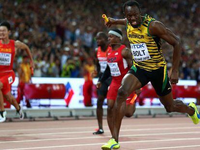 Bolt, durante a prova de 4x100, no Mundial de Pequim.