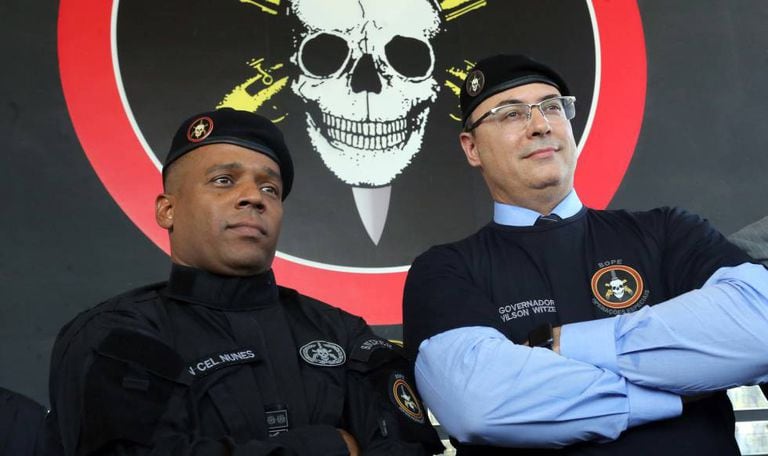 O governador Wilson Witzel e o comandante Nunes, do Bope, em janeiro.