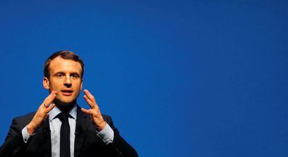 Emmanuel Macron, candidato a presidente da França, durante comício nos arredores de Bordeaux.