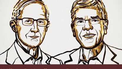 Os novos ganhadores do Nobel de Economia, em uma ilustração de Niklas Elmehed, divulgada pela Academia Sueca.