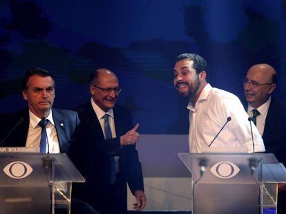Bolsonaro, Alckmin, Boulous e Meirelles durante o debate na Band