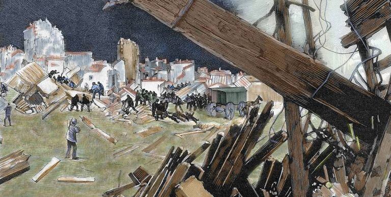 Gravura do século XIX mostra danos causados pelo terremoto de Lisboa em 1755