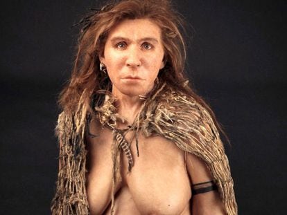 Recriação de uma neandertal no Museu de História Natural de Londres.