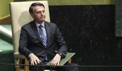 Jair Bolsonaro aguarda o momento de discursar na Assembleia Geral da ONU, nesta terça.