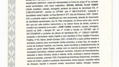 Procuração autoriza Yunes a movimentar contas bancárias de empresa de Temer