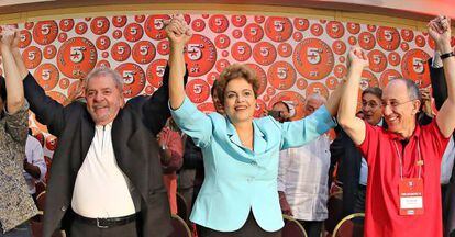 Lula, Dilma e Rui Falc&atilde;o no Congresso do PT.